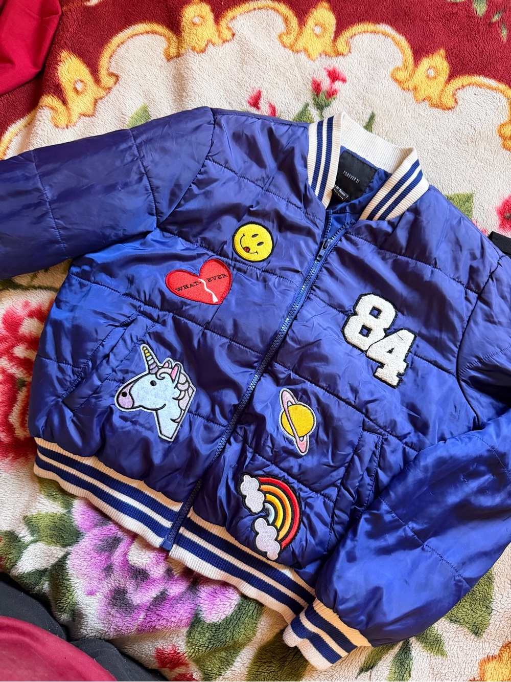 Womans Blue Unicorn Patch Bomber Jacket - 84 Detail